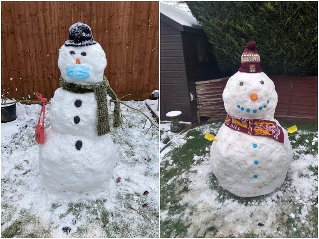 Two top notch snowmen, one ready for covid-safe shopping by Mandy Atkins' daughter Gracie in Northampton on the left, and another supporting the Cobblers by Steve Amos