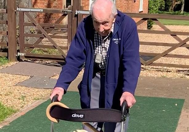 Our first picture of Captain Sir Tom when we broke the story in April 2020 of his pledge to walk 100 lengths of his 50 metre-long garden before his 100th birthday for the NHS