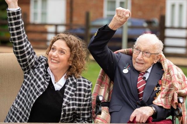 Captain Tom Moore waved to a spitfire and hurricane from RAF Coningsby in a spectacular flypast with his daughter Hannah to mark his 100th birthday (Picture (C) Emma Sohl / Capture the Light Photography)