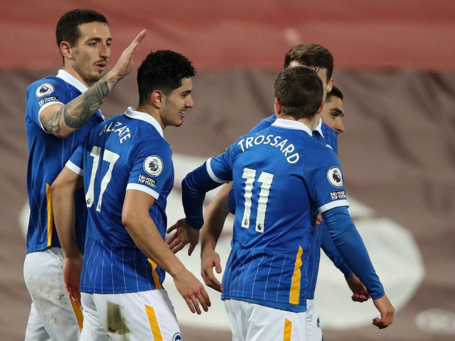 Steven Alzate is congratulated by his teammates after his goal against Liverpool
