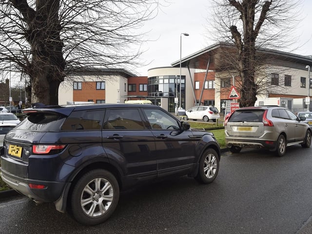 Traffic queues to get into the Urgent Care Centre in Peterborough.