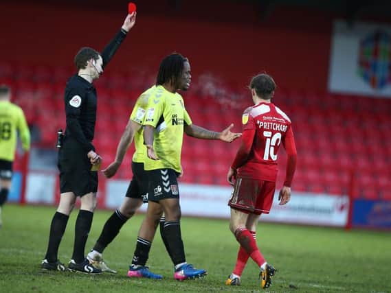 Joe Pritchard saw red for two late yellow cards on Saturday. Pictures: Pete Norton.