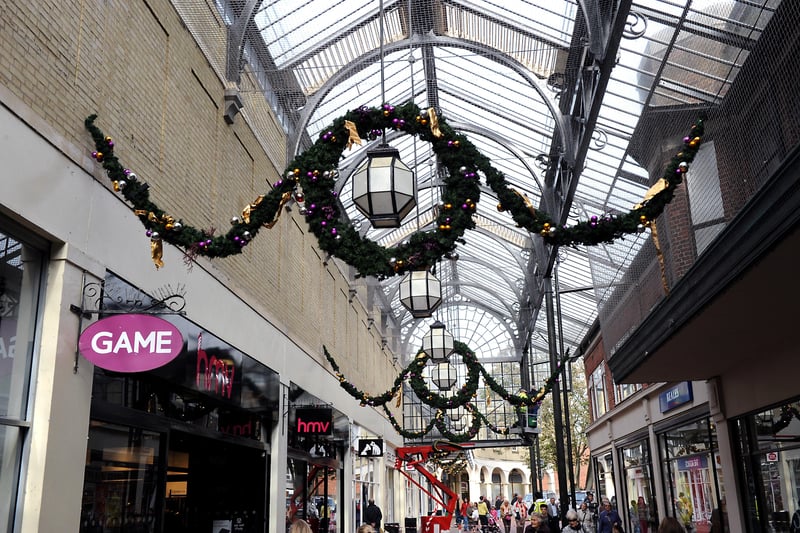 Christmas decorations being put up in the Montague Centre in October 2009