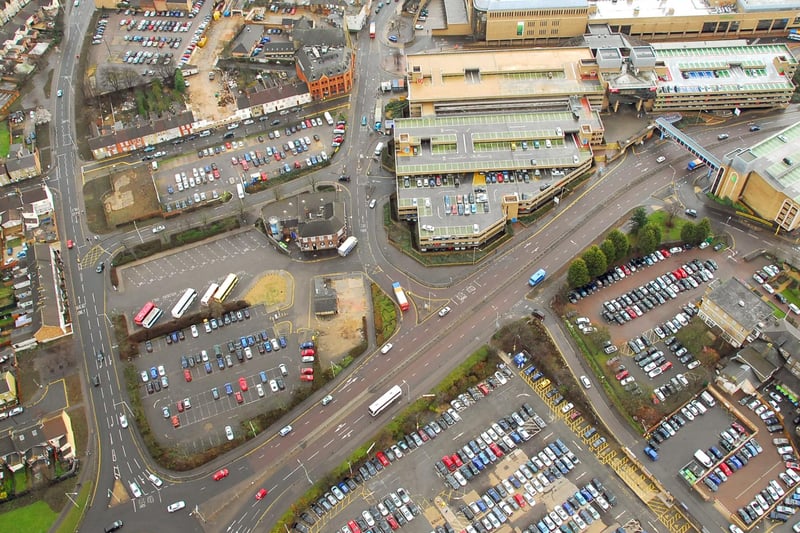 This aerial shot shows the Queensgate car parks and North Westgate with Bourges Boulevard running through it. The Brewery Tap pub can be seen in the centre of the proposed development area.