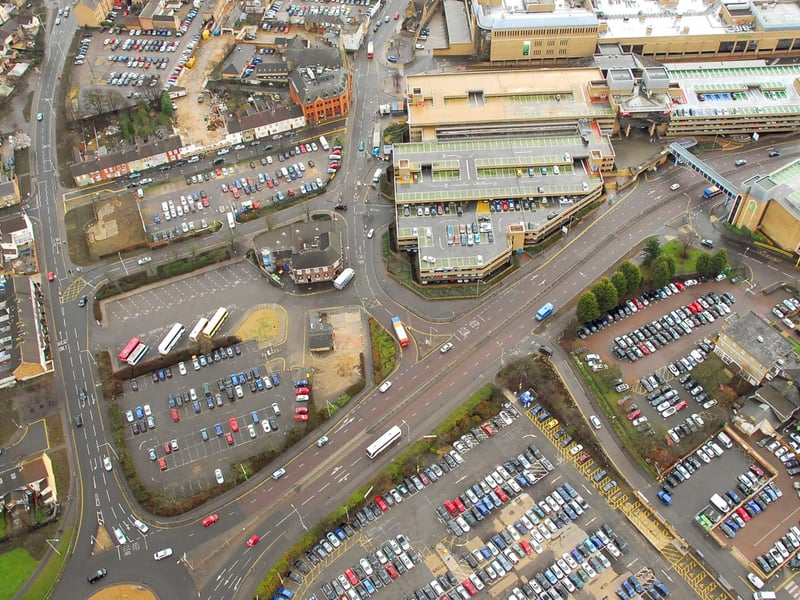 This aerial shot shows the Queensgate car parks and North Westgate with Bourges Boulevard running through it. The Brewery Tap pub can be seen in the centre of the proposed development area.