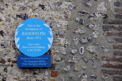 A Blue Plaque for food at The Hungry Monk. Banoffi Pie was invented here in 1972 by Nigel Mackenzie with head chef Ian Dowding, and there's a plaque to honour the favourite pud of many.