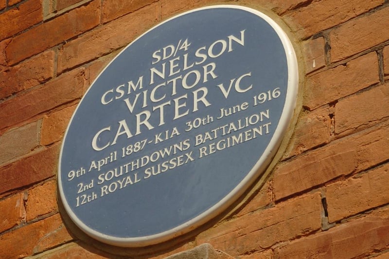This plaque is to commemorate Eastbourne's CSM Nelson Victor Carter who won the Victoria Cross, the highest and most prestigious award for gallantry in the face of the enemy that can be awarded to British and Commonwealth forces. The plaque can be seen on the wall of his home at 33 Greys Road in Eastbourne.