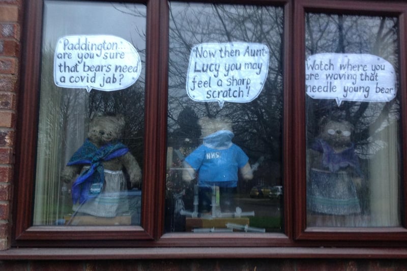 Covid jabs Paddington Bear window display created by Lindy Gascoigne, who is a teacher at St Mary's Primary School in Banbury