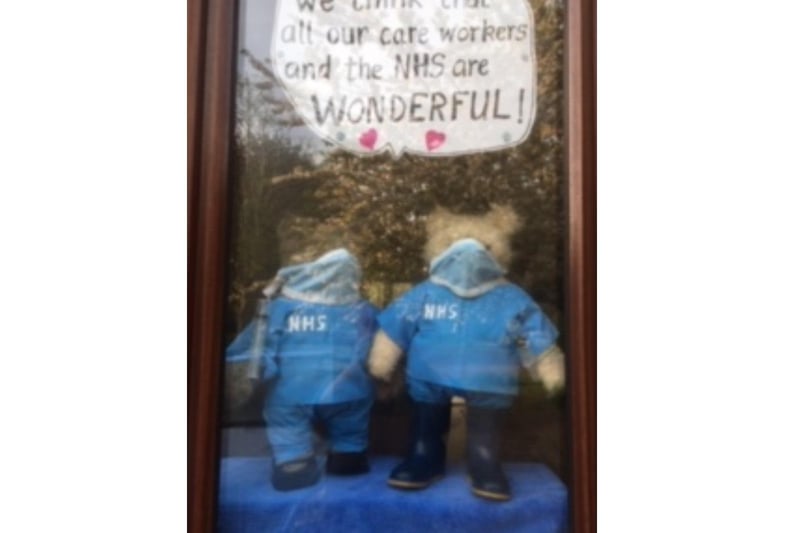 NHS tribute Paddington Bear window display created by Lindy Gascoigne, who is a teacher at St Mary's Primary School in Banbury