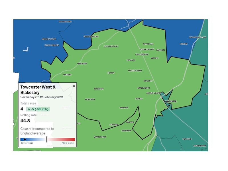 Parts of Towcester and areas to the west of the town saw further falls in the number of cases