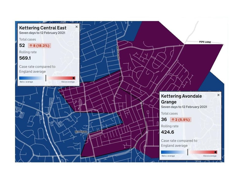 Parts of Kettering town centre now has the county's highest case rates — with the Avondale Grange neighbourhood not far behind