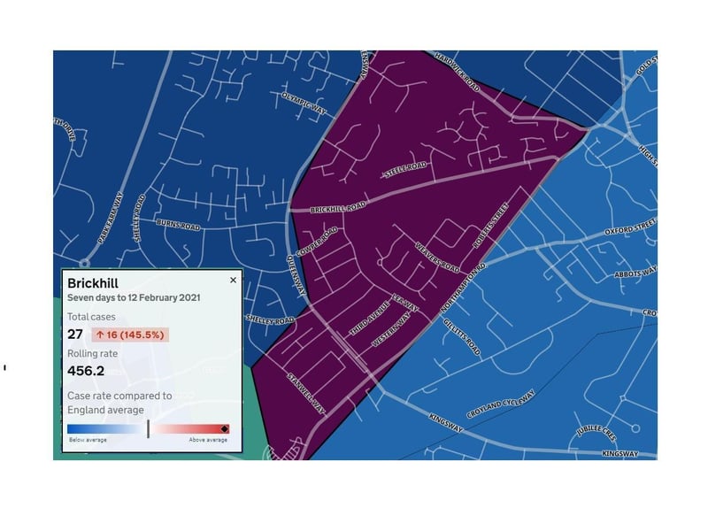The Brickhill neighbourhood in Wellingborough has a surprisingly high figure following a rise in the number of positive tests