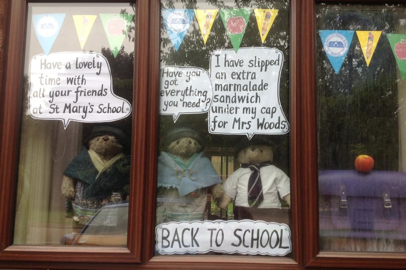 Back to School Paddington Bear window display created by Lindy Gascoigne, who is a teacher at St Mary's Primary School in Banbury