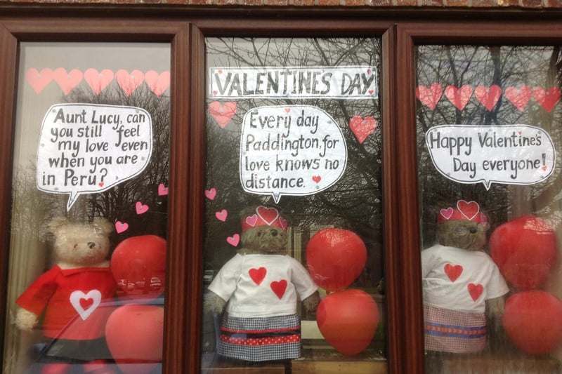 Valentine's Day Paddington Bear window display created by Lindy Gascoigne, who is a teacher at St Mary's Primary School in Banbury