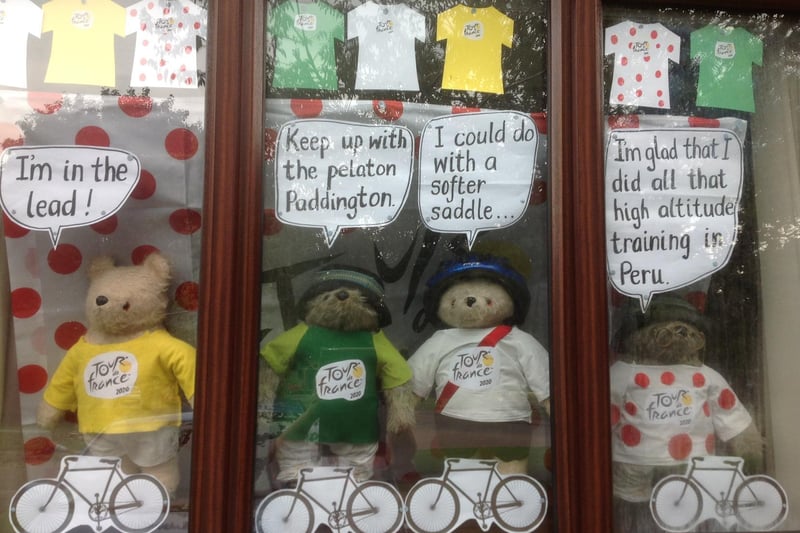 Tour de France Paddington Bear window display created by Lindy Gascoigne, who is a teacher at St Mary's Primary School in Banbury