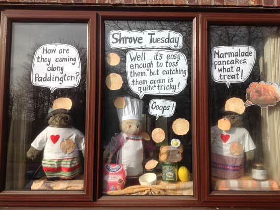 Pancake Day Paddington Bear window display created by Lindy Gascoigne, who is a teacher at St Mary's Primary School in Banbury