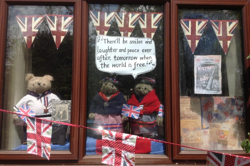 VE Day Paddington Bear window display created by Lindy Gascoigne, who is a teacher at St Mary's Primary School in Banbury