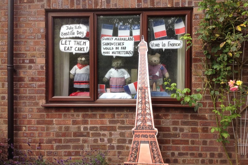 Bastille Day Paddington Bear window display created by Lindy Gascoigne, who is a teacher at St Mary's Primary School in Banbury