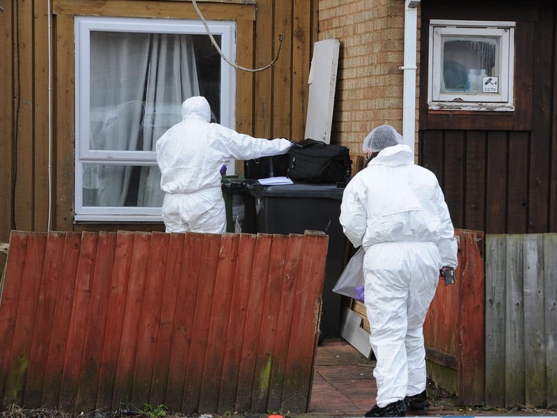 Police teams have alsobeen at the property in Brudenell, Orton Goldhay which is at the centre of a murder investigation.