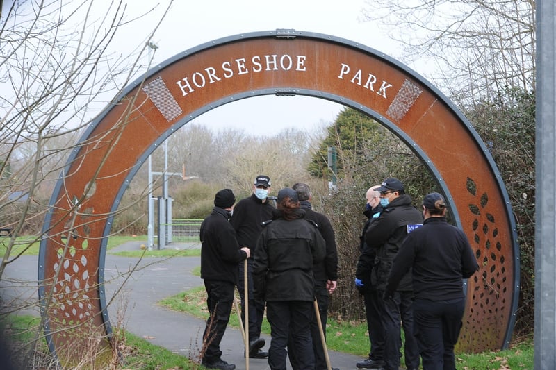 Police search teams at Horseshoe Park in Orton Goldhay. Pictures: David Lowndes