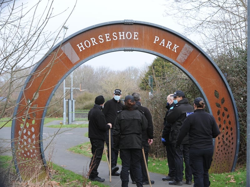 Police search teams at Horseshoe Park in Orton Goldhay. Pictures: David Lowndes