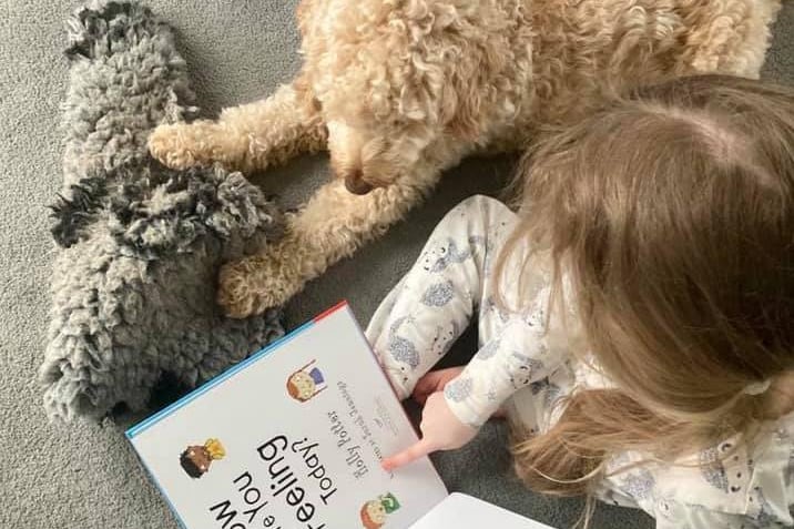 "Our thoughtful six year old sharing 'How Are You Feeling Today?' book with Honey - our dog who got set upon by a cat during her morning walk." Poor Honey! We hope she is feeling better.