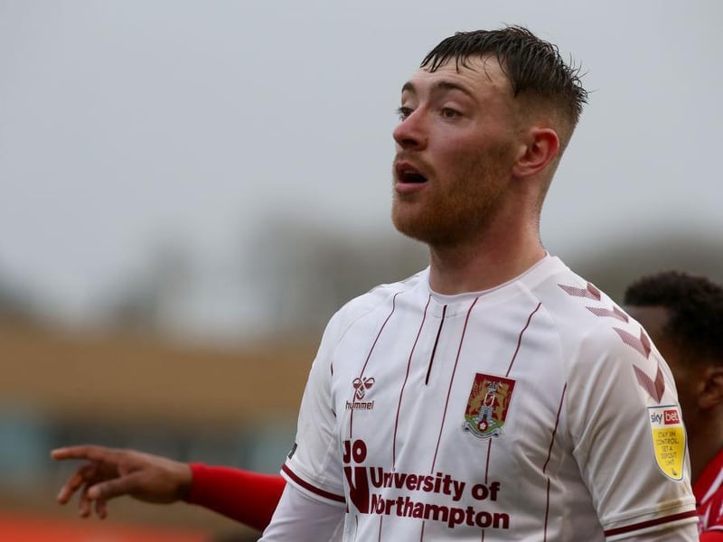 Inches from opening his Cobblers account when denied by a combination of Fisher's knee and the post... 6