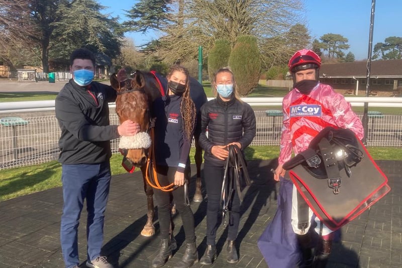 Brewin'upastorm and connections celebrate their National Spirit Hurdle win / Picture: Darren Cool for Fontwell Park