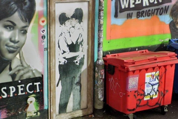 The Kissing Coppers on the wall of the Prince Albert pub in Brighton. Picture: Google Street View