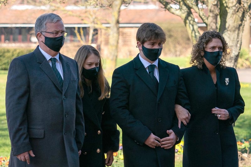 The family of Captain Sir Tom Moore, from left, son-in-law Colin Ingram, granddaughter Georgia, grandson Benjie and daughter Hannah Ingram-Moore arrive for his funeral at Bedford Crematorium (Photo by Joe Giddens - Pool/Getty Images)