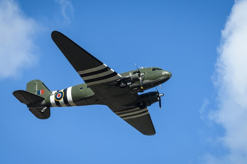A vintage C-47 Dakota performs a flypast over Bedford crematorium as the funeral service for Sir Tom Moore takes place (Photo by Leon Neal/Getty Images)