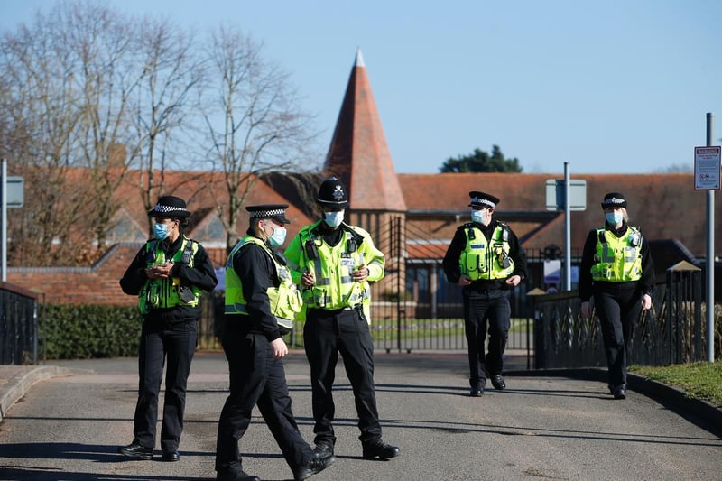Police officers stand outside Bedford Crematorium ahead of Captain Sir Tom Moore's private funeral (Photo by Hollie Adams/Getty Images)