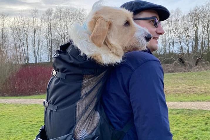 "Enjoying a beautiful walk, whilst trying out the new dog backpack for our front amputee rescue dog."
