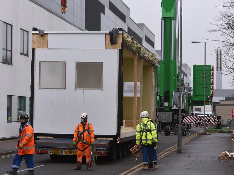 Peterborough City Hospital A & E improvements work about to start with the lifting of 6 pods. EMN-210103-155411009