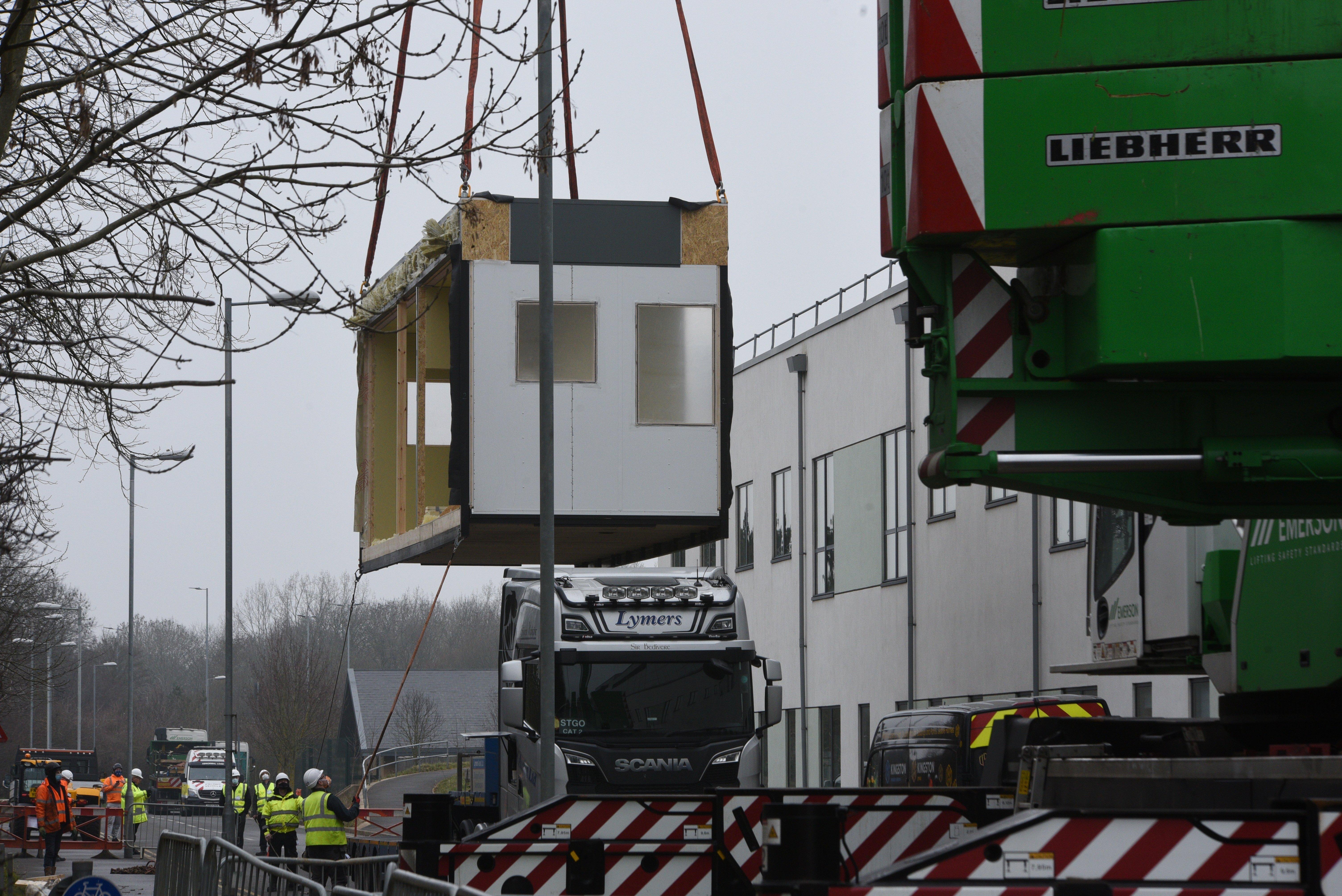 Peterborough City Hospital A & E improvements work about to start with the lifting of 6 pods. EMN-210103-155411009