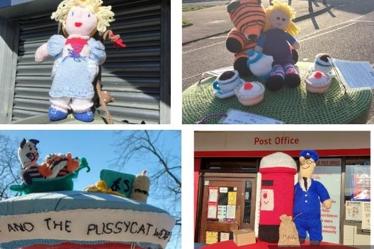 Yarn bombers in Hemel Hempstead have created knitted toppers representing children's books and nursery rhymes to celebrate World Book Day