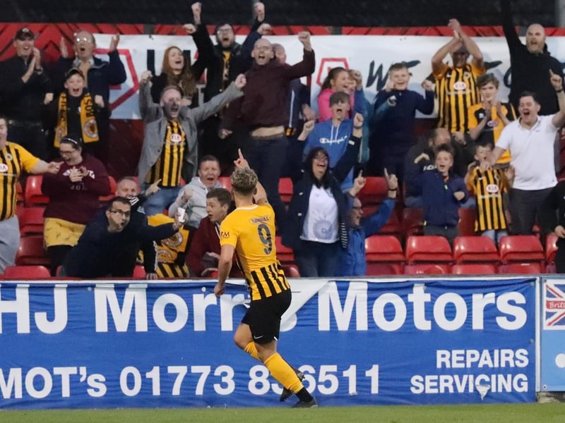 Jake Wright scores at Alfreton. Photo: Eric Brown