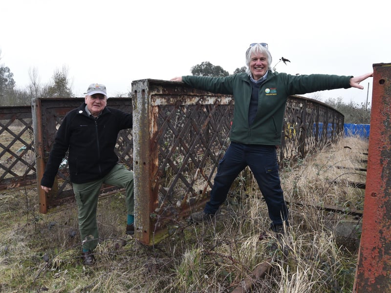 Brian Pearce (right) at Railworld with volunteer John Crane (left) and the bridge they want to connect to Habitat Island.