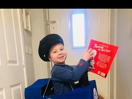 Talented Harry has transformed today into Thomas the Tank Engine - and even made his own train costume... with a little bit of help from mum and dad.