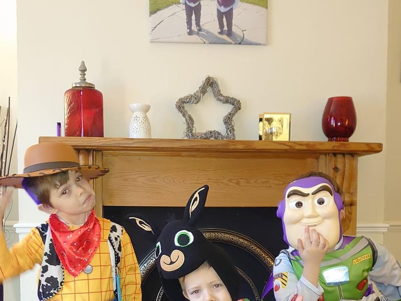 Brothers, Harry, age 6, is Buzz Lightyear, Alfie, age 6, is Woody and Riley, age 4, is Bing Bunny from CBeebies.
