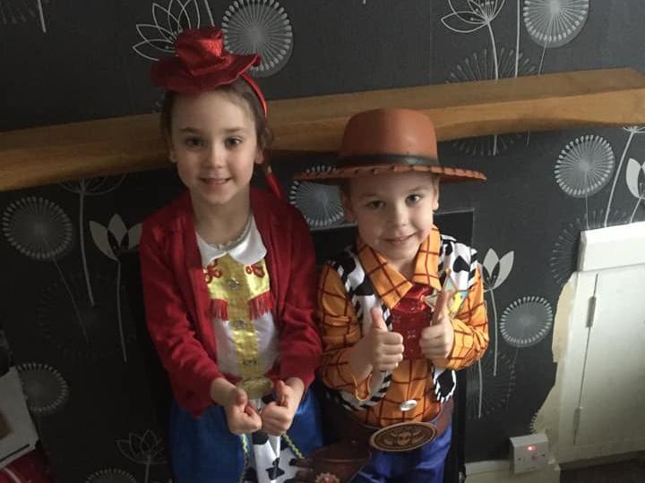 Sister and brother, Alicia and Andreas, have dressed up as Jessie and Woody from Toy Story 2.
