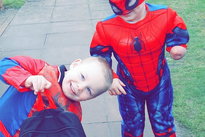 Spiderman-mad brothers Korey and Kayden pictured off to nursery this morning.