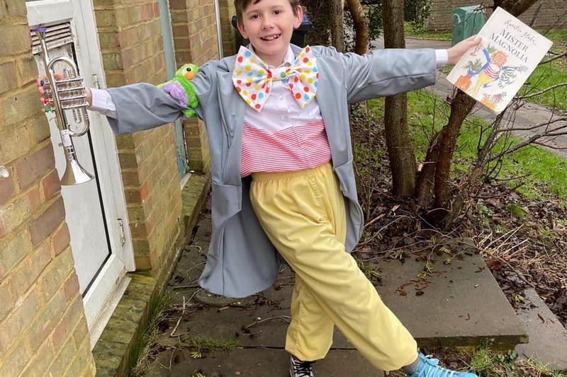 11-year-old Leyton pictured this morning as Quentin Blake's Mr Magnolia.