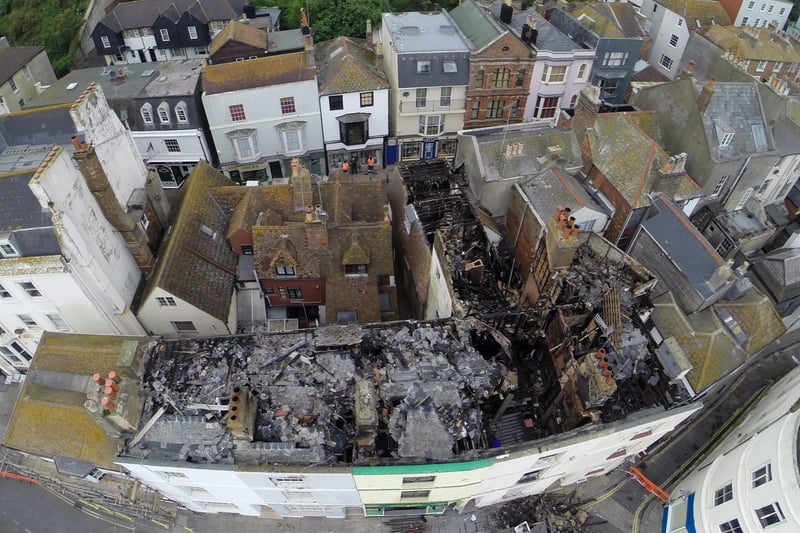 Aerial footage showing the fire damage in Marine Parade, Hastings. 28/5/14 SUS-140529-105250001