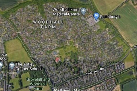 1,342 people have been vaccinated in Woodhall Farm. This represents 29% of people aged 16 and over in the area. (C) Google Maps