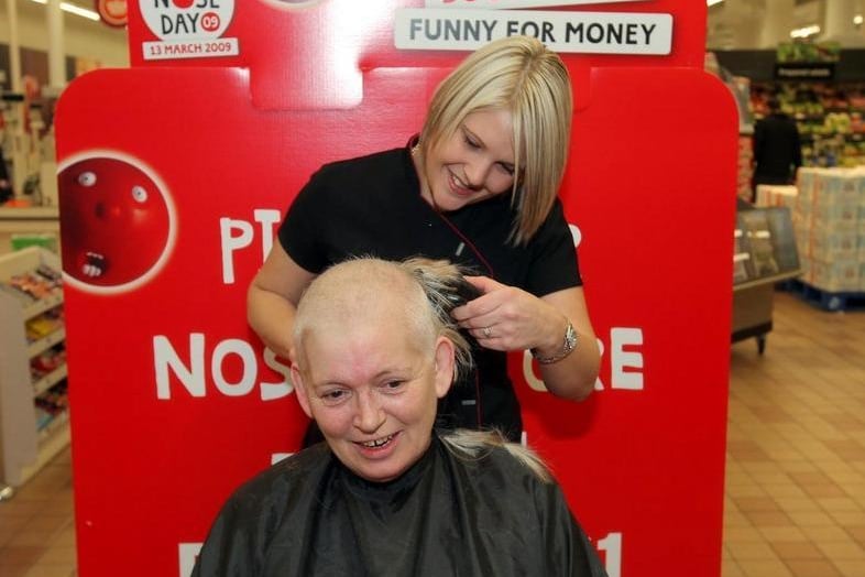 Sainsbury's employee, Pat Cook, also bravely had her head shaved for Red Nose Day in 2009 by a hairdresser from Hair Express.