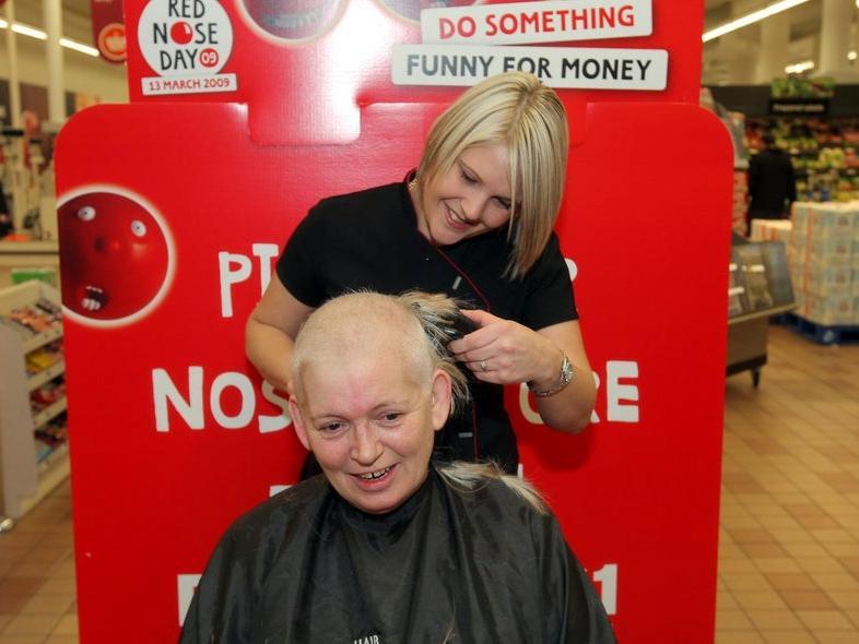 Sainsbury's employee, Pat Cook, also bravely had her head shaved for Red Nose Day in 2009 by a hairdresser from Hair Express.