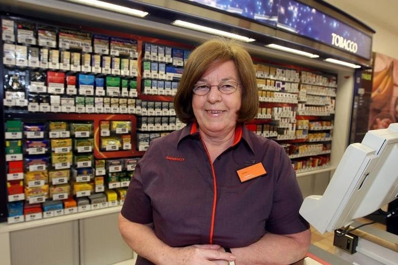 Sainsbury's, Grosvenor centre re-opens after a 12 day refit. Long serving staff members help with the opening of the store....Names: Janice Cave, been staff for 38 years.