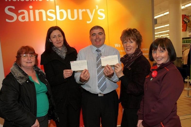 A cheque presentation from Sainsbury's in the Grosvenor Centre was presented to the British Heart Foundation and Cynthia Spencer Hospice in 2009. Pictured: Helen Rossiter, administrator from Sainsbury's, Kelly Fairnington, British Heart Foundation, James McKechnie, store manager, Sue Bownass from Cynthia Spencer Hospice and Donna Thomson, team leader from Sainsbury's.
