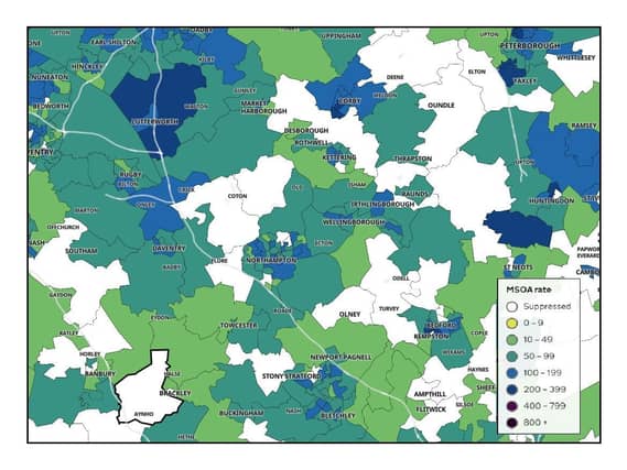 Northamptonshire's Covid-19 map shows fewer 'dark blue' areas where case numbers reamin high